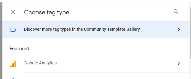 An image showing how to choose a tag type for Google Analytics.