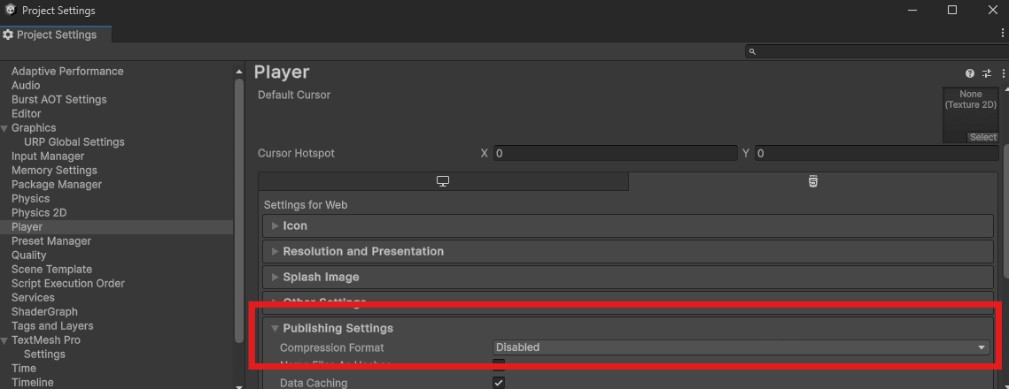 An image showing the player settings and how to disable compression on a Webgl build.