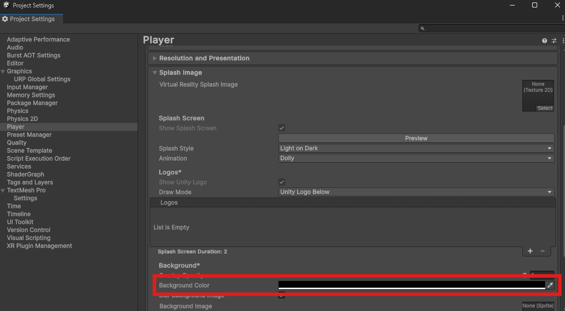 An image showing the player settings and how to update the background color on the Unity logo screen.